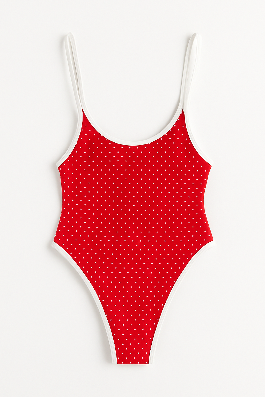 Red polka dot swimsuit with white straps on a light gray background
